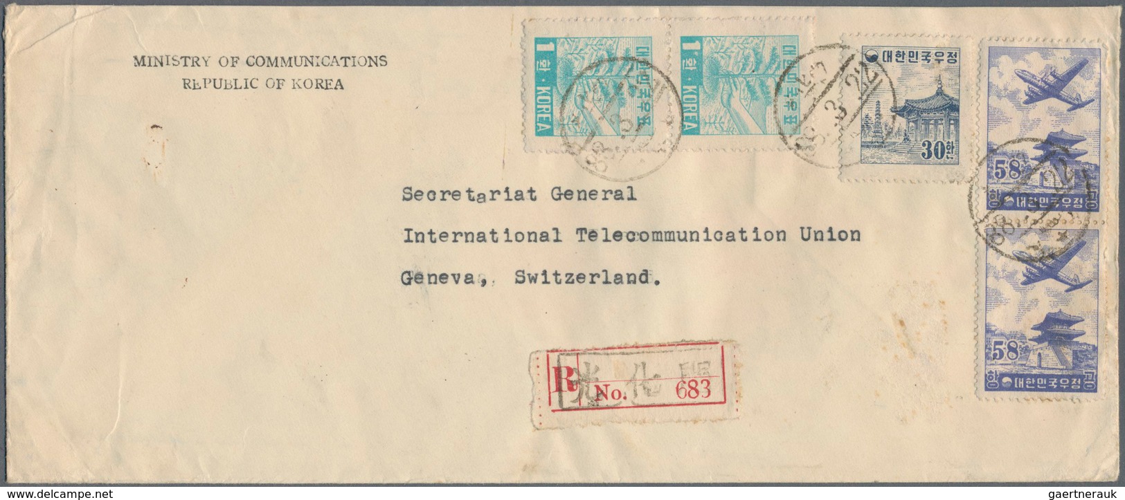 Korea-Süd: 1951/63 (ca.), covers (22) resp. used ppc (1) all to foreign and mostly airmail and inc.