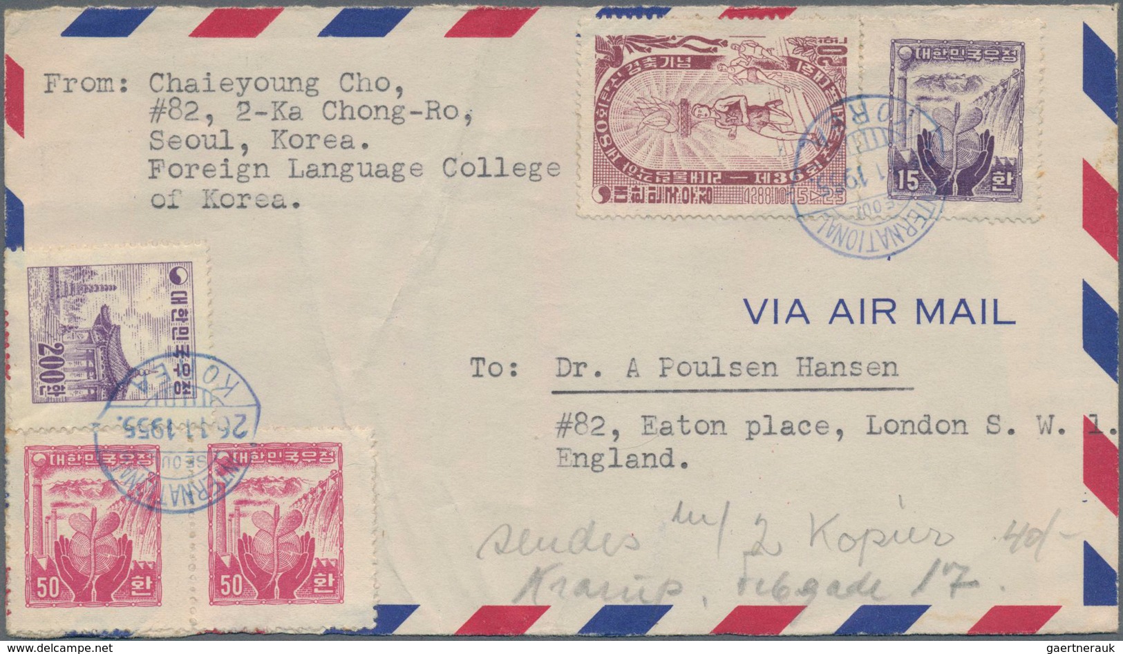 Korea-Süd: 1951/63 (ca.), covers (22) resp. used ppc (1) all to foreign and mostly airmail and inc.