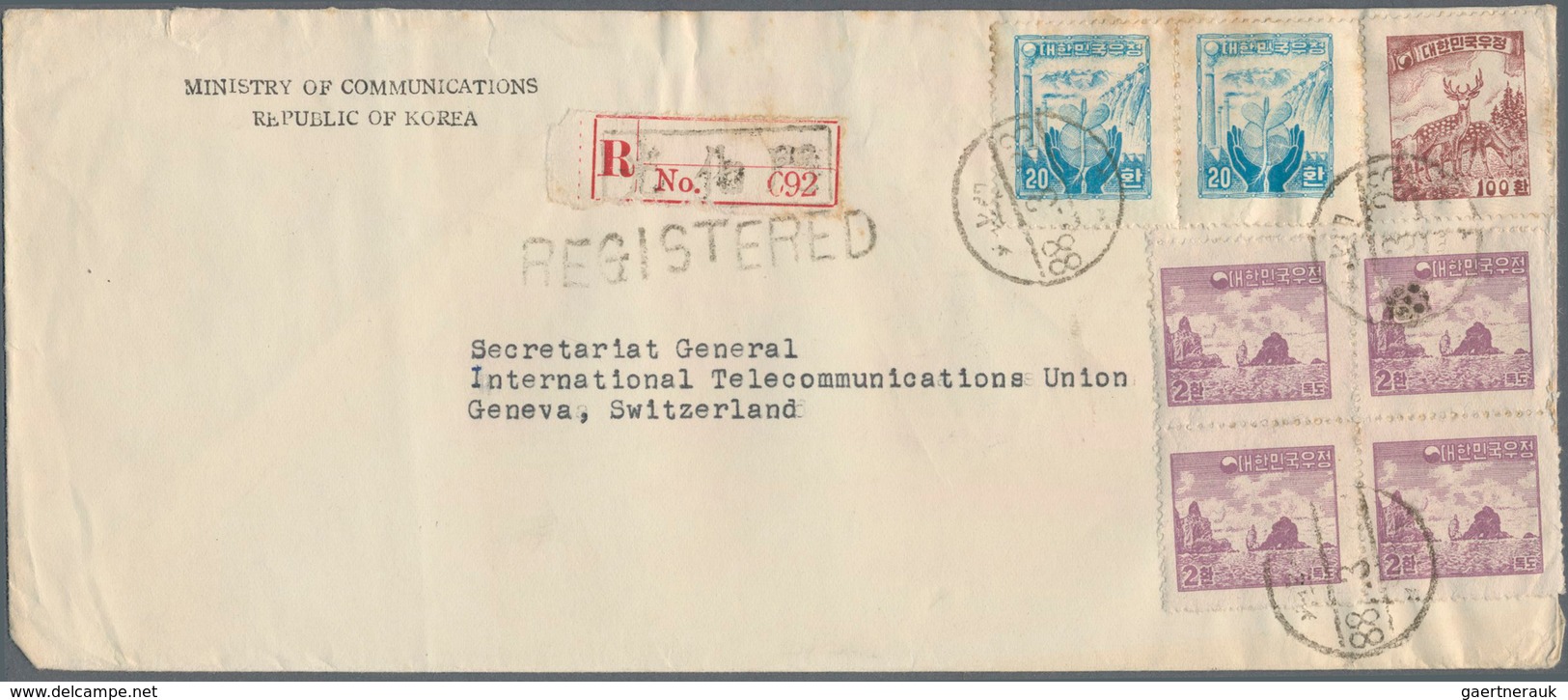 Korea-Süd: 1951/63 (ca.), covers (22) resp. used ppc (1) all to foreign and mostly airmail and inc.