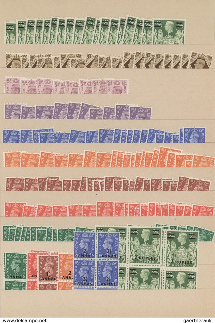 Kuwait: 1930-60, Over 3.500 "KUWEIT" overprinted mint stamps and blocks of four, air mails and offic