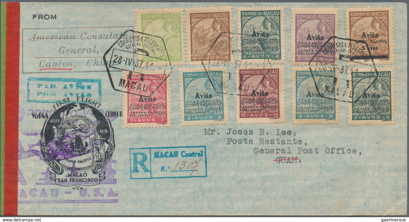 Macau: 1937, 28 Apr, Lot Of Two Cacheted 1st Flight Covers: Macau-Manila And Macau-Canton-Guam. - Used Stamps