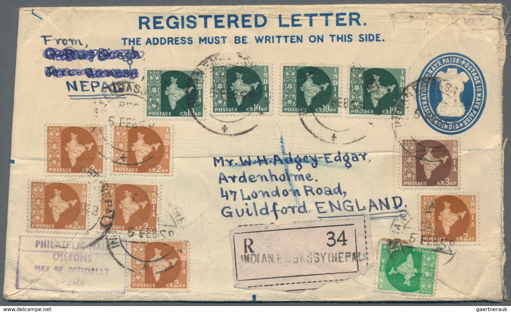 Nepal: 1940's-50's: Collection Of 20 Postal Stationery Registered Envelopes And Covers From NEPAL To - Népal