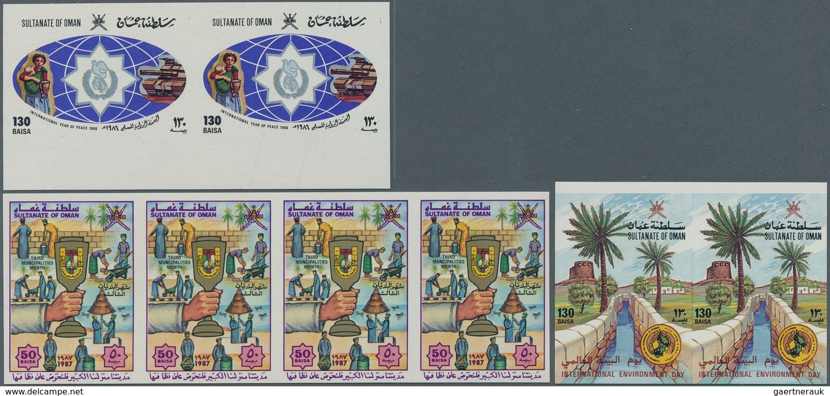 Oman: 1975/1987, Lot Of 766 IMPERFORATE Stamps MNH, Showing Various Topics Like Animals (Flamingo), - Omán