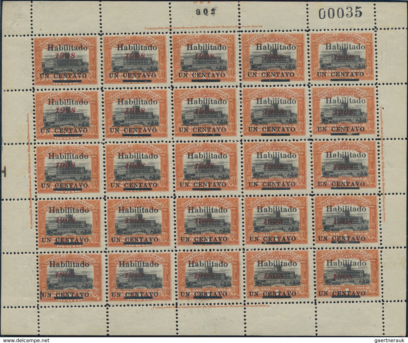 Paraguay: 1908/1909, Revaluation Overprints, Specialised Assortment Of Nine Complete Sheets Of 25 St - Paraguay