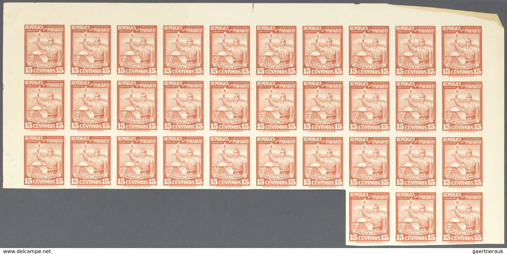 Paraguay: 1935/1948, IMPERFORATE STAMPS: 1935 Airmail 10c. Ultramarine Marginal Block Of 20 (Michel - Paraguay