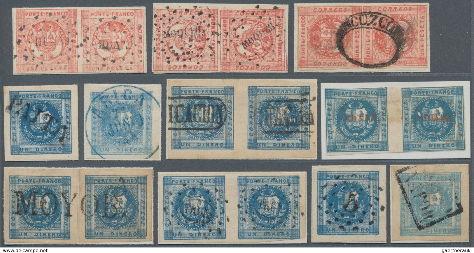 Peru: 1858-63, COAT OF ARMS & EMBOSSED Issues Collection Of 14 Pairs And 84 Stamps Showing Fine Clas - Peru