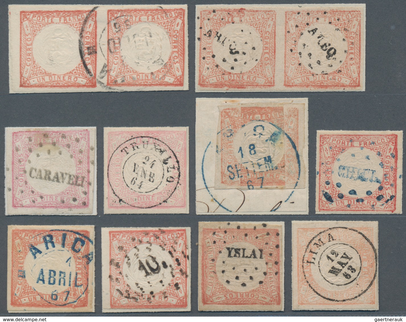 Peru: 1858-63, COAT OF ARMS & EMBOSSED Issues Collection Of 14 Pairs And 84 Stamps Showing Fine Clas - Perú