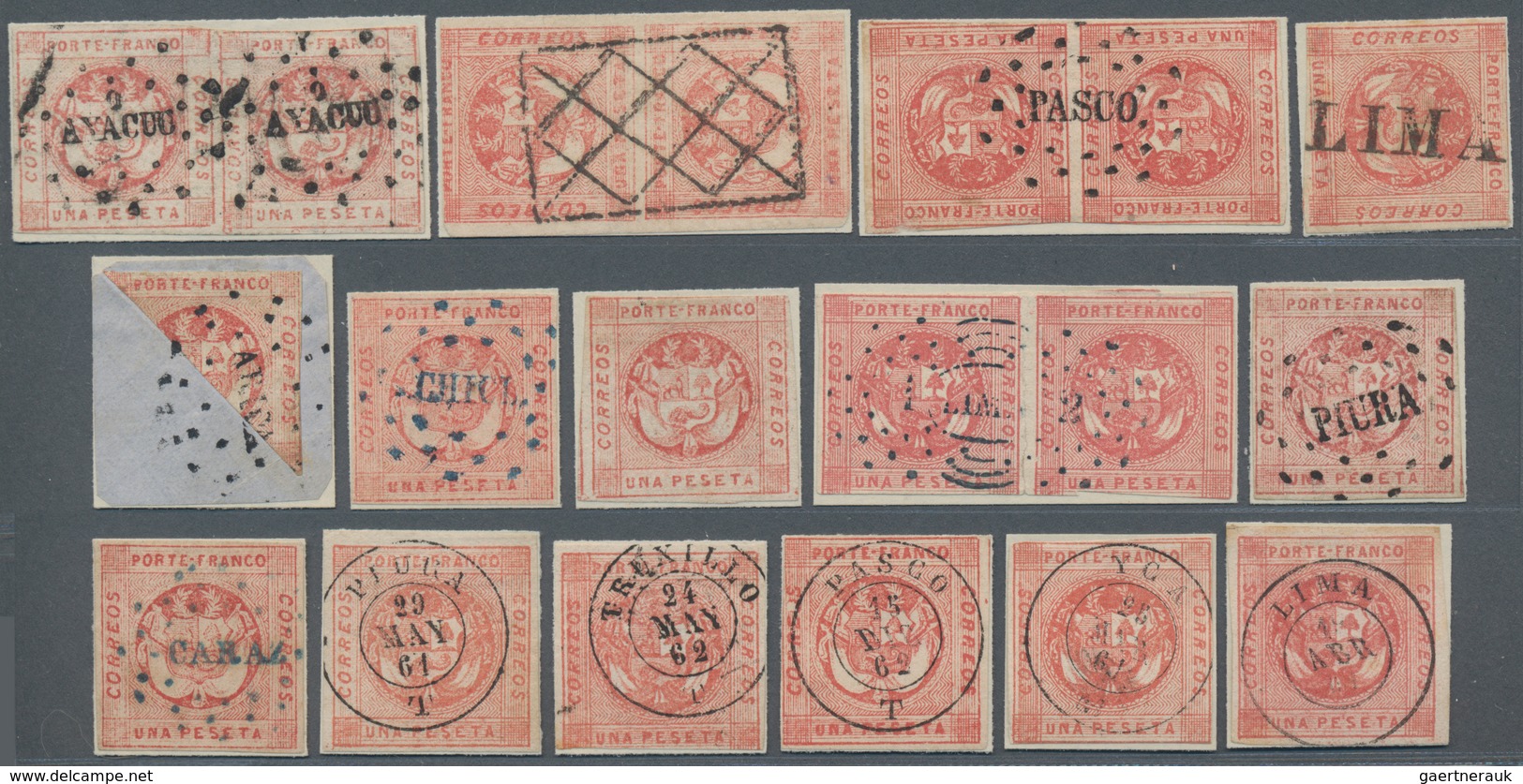 Peru: 1858-63, COAT OF ARMS & EMBOSSED Issues Collection Of 14 Pairs And 84 Stamps Showing Fine Clas - Peru