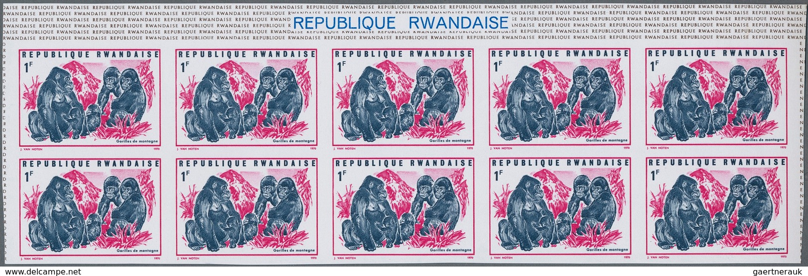 Ruanda: 1967/1975. Lot of 13,519 IMPERFORATE stamps, souvenir and miniature sheets showing various i