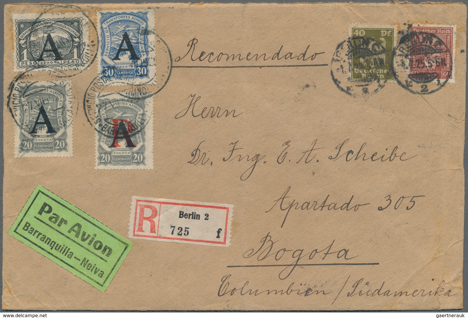 SCADTA - Länder-Aufdrucke: 1924/1925, GERMANY: Lot Of 5 Covers Franked With Scadta Overprints "A", C - Airplanes