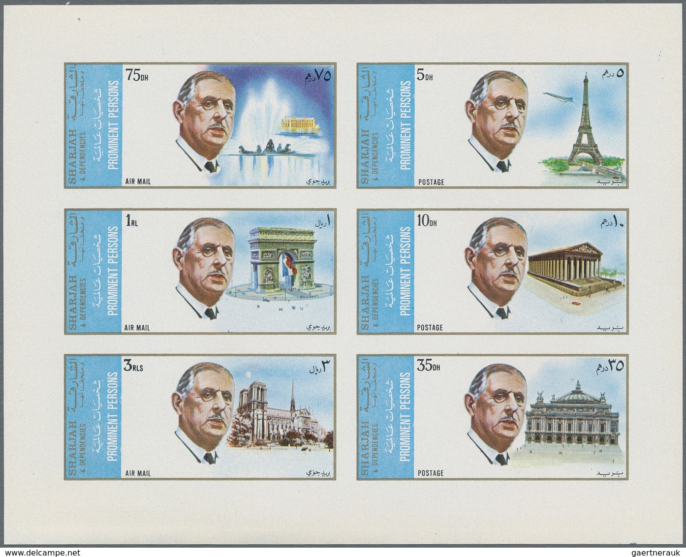 Schardscha / Sharjah: 1972, De Gaulle/Paris Buildings, 5dh.-3r. Imperforate, MNH Holding Of 413 Se-t - Sharjah
