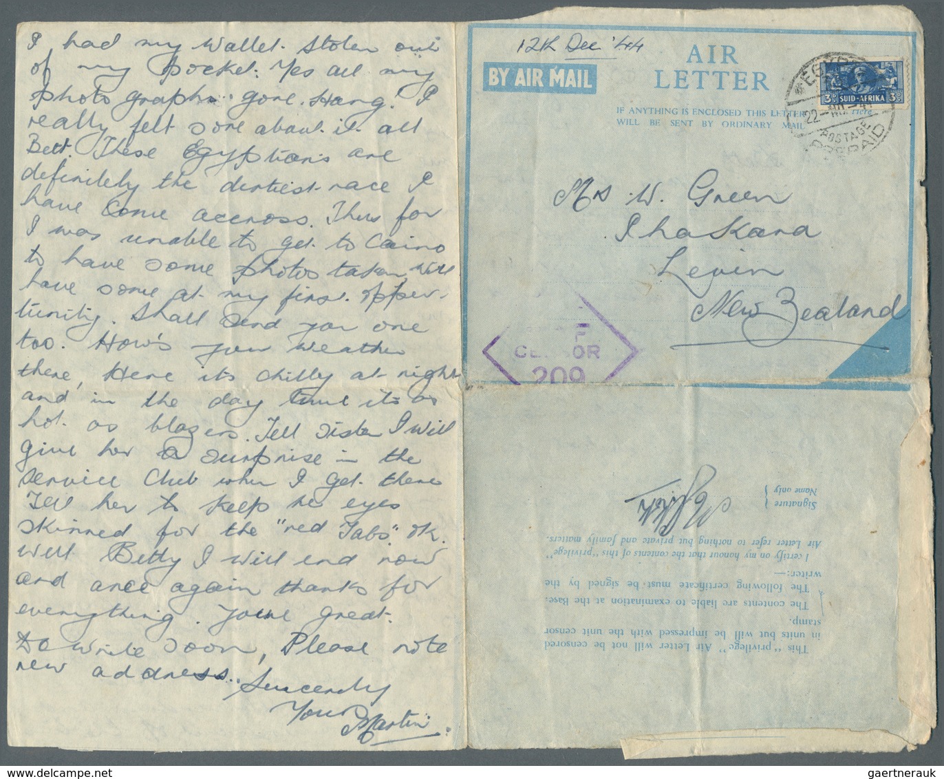 Südafrika: 1941-45 Aerogrammes: Group Of 16 WWII Air Letters, 15 Used And Censored, One Unused, With - Brieven En Documenten