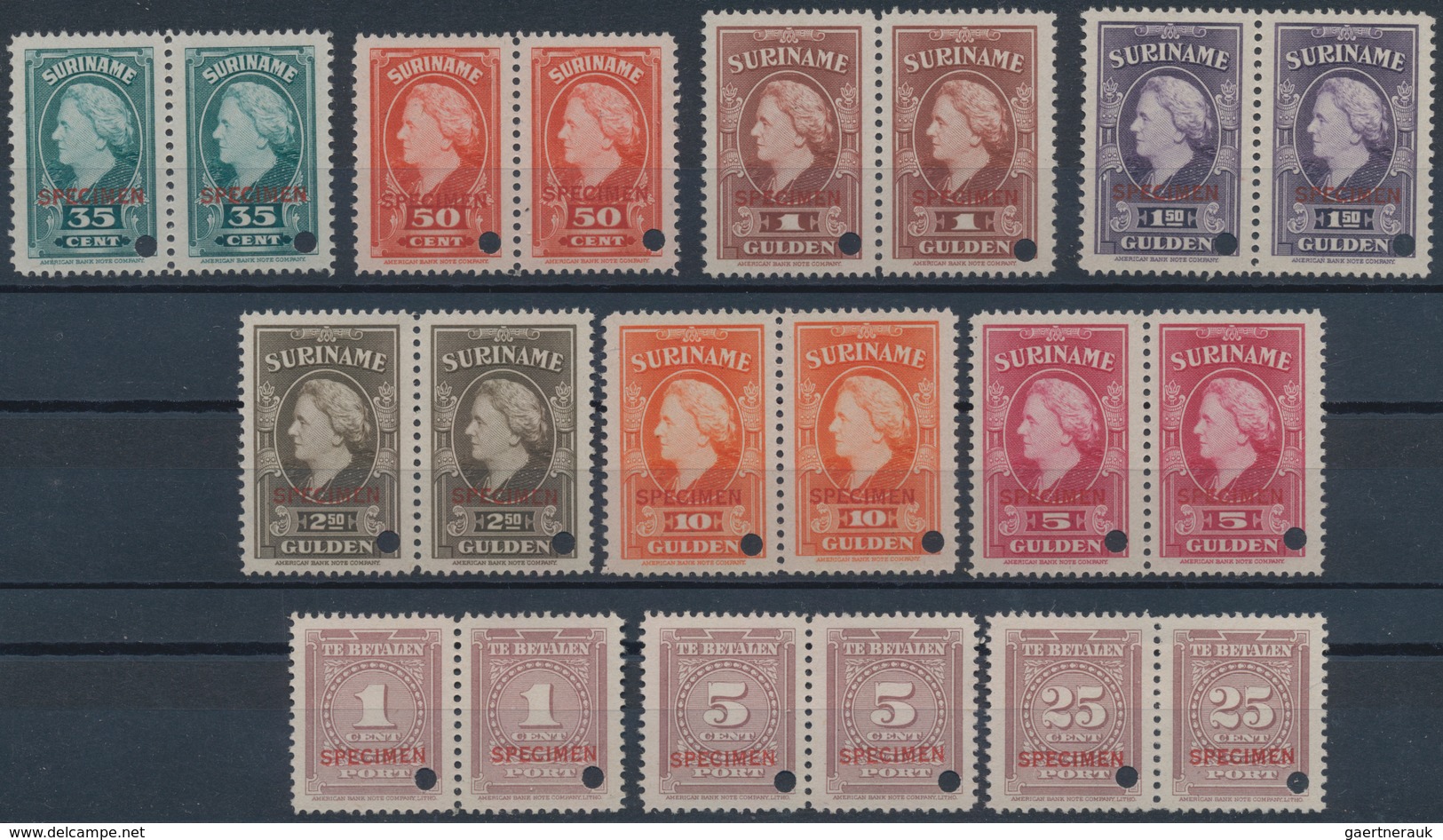 Surinam: 1945, Definitives Wilhelmina And Postage Dues, Collection Of 23 Different Horizontal Pairs - Surinam ... - 1975