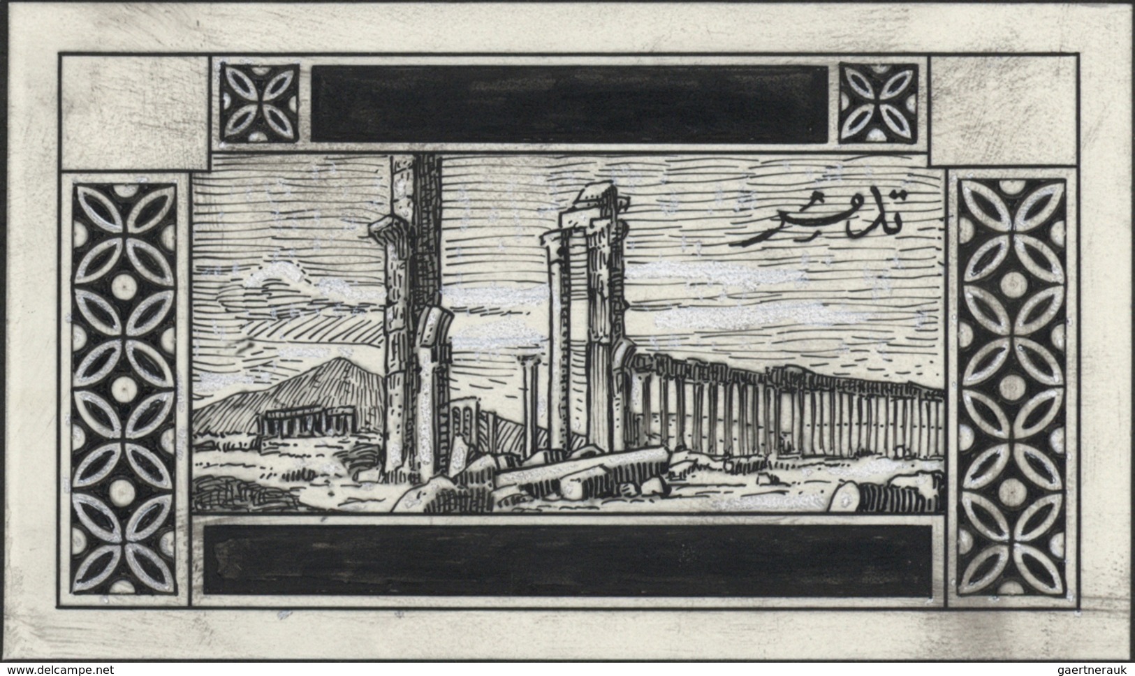 Syrien: 1938/1955. Astonishing collection of 56 ARTIST'S DRAWINGS for stamps of the named period, st