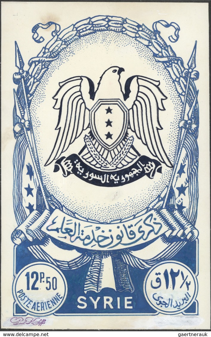 Syrien: 1938/1955. Astonishing collection of 56 ARTIST'S DRAWINGS for stamps of the named period, st