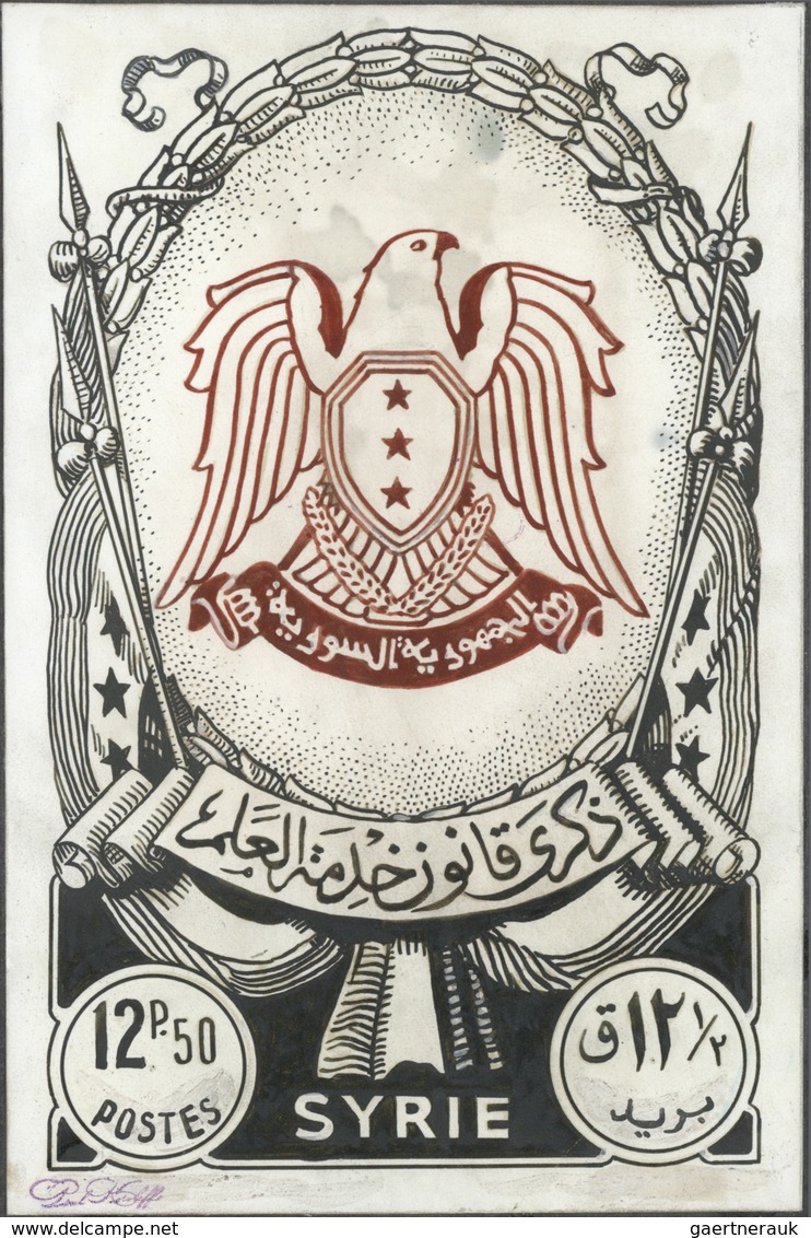 Syrien: 1938/1955. Astonishing collection of 56 ARTIST'S DRAWINGS for stamps of the named period, st