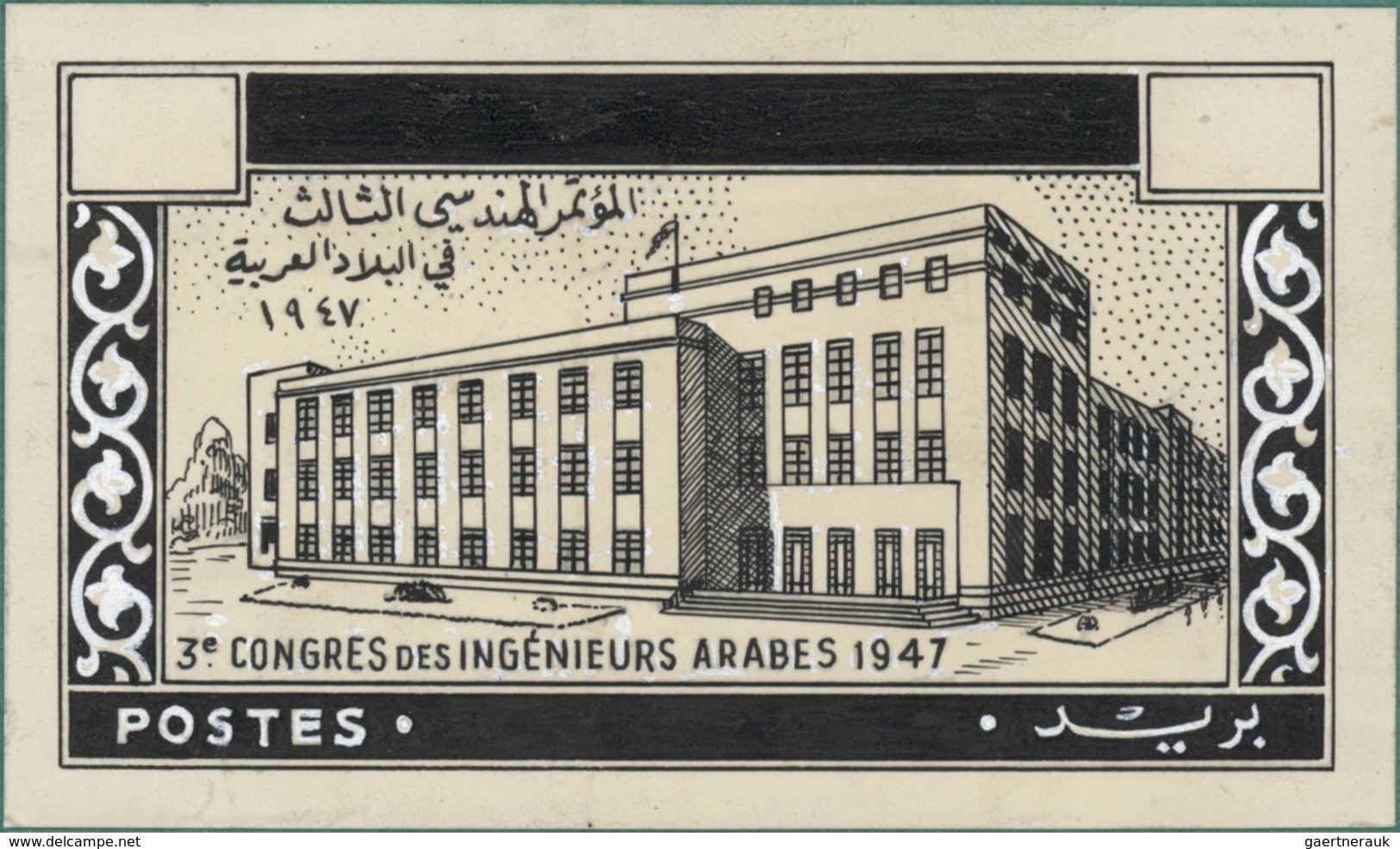 Syrien: 1938/1955. Astonishing collection of 56 ARTIST'S DRAWINGS for stamps of the named period, st