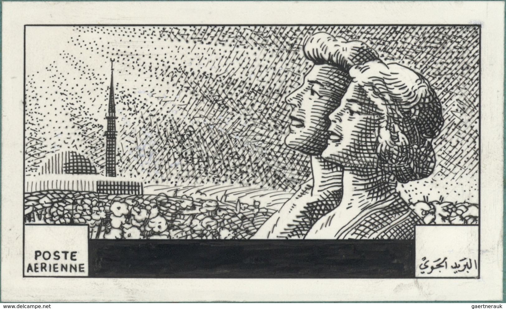 Syrien: 1938/1955. Astonishing collection of 56 ARTIST'S DRAWINGS for stamps of the named period, st