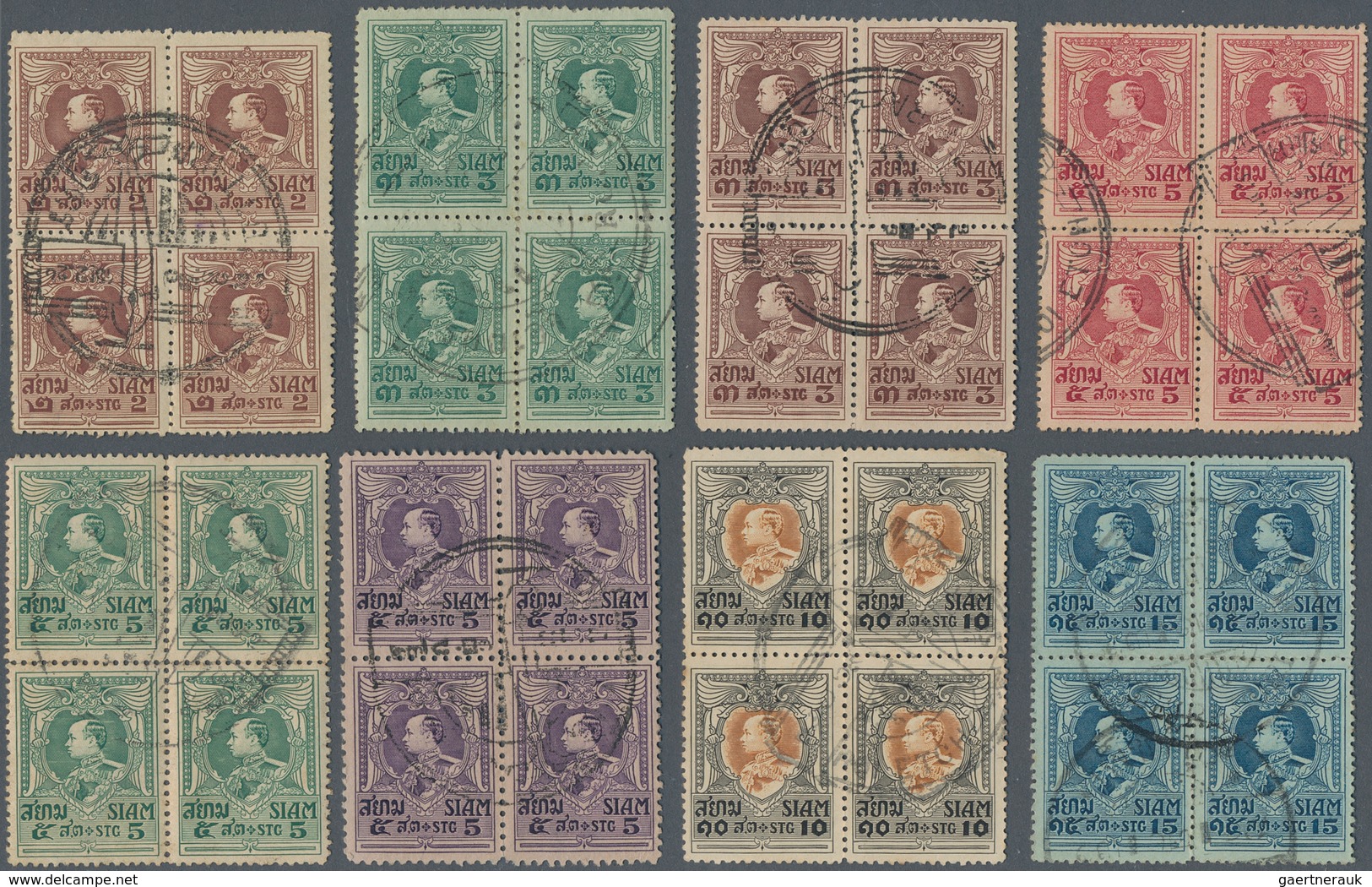 Thailand: 1921/24, King Vajiravudh, 11 Values In Blocks Of Four, Used. 15 S In Two Pairs (separated) - Tailandia