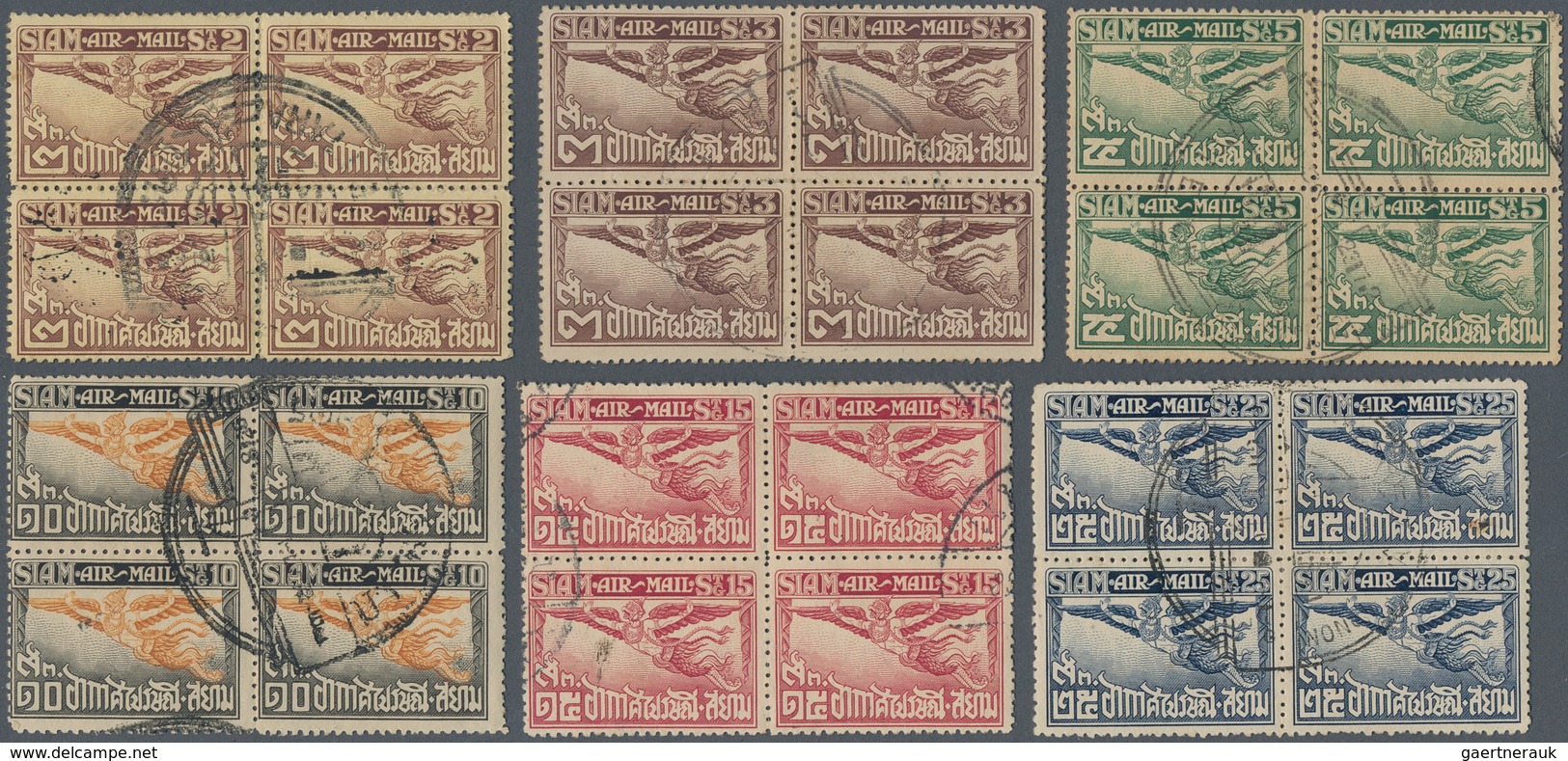 Thailand: 1925, Airmail Stamps 2 S To 1 B, Perforation 14 - 15 In Cancelled Blocks Of Four. - Thailand