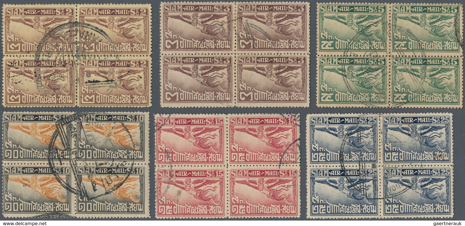 Thailand: 1925, Airmail Stamps 2 S To 1 B, Perforation 14 - 15 In Cancelled Blocks Of Four. - Thaïlande