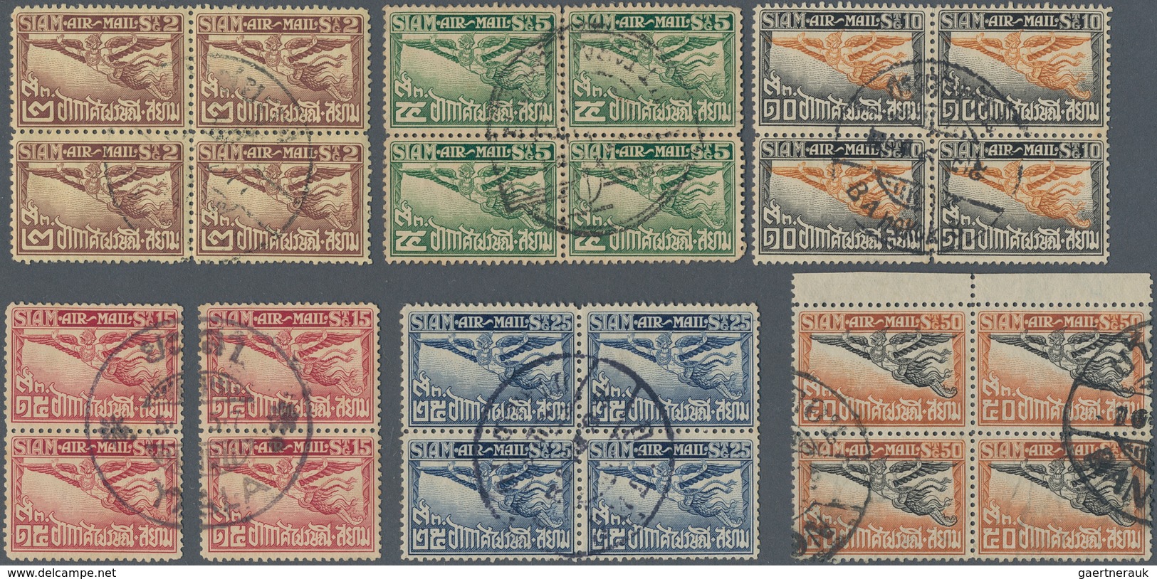 Thailand: 1930 - 1937, Airmail Stamps 2 S To 50 S, Perforation 12½ In Cancelled Blocks Of Four. (15 - Thailand