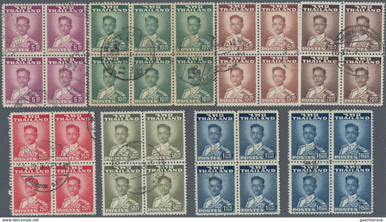 Thailand: 1951, King Bhumibol Complete Set Of 14 Values In Blocs Of Four, Used. - Thailand