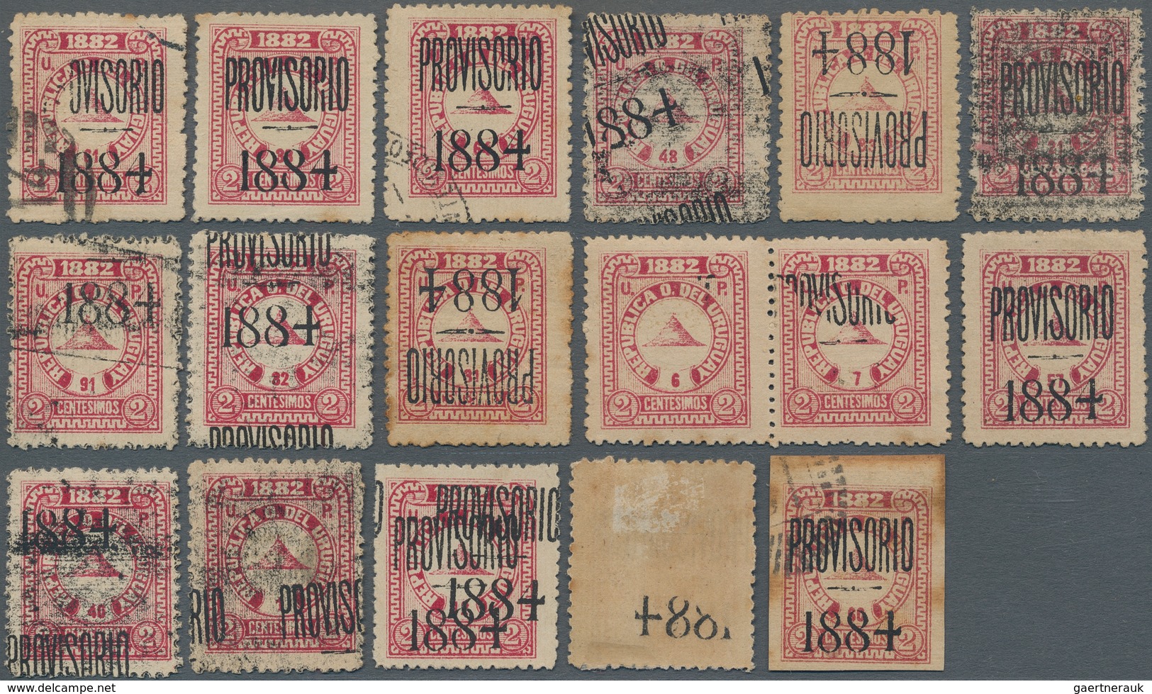 Uruguay: 1884, Provisional Overprints 2c. Rose, Specialised Assortment Of 23 Stamps Showing Blurred/ - Uruguay