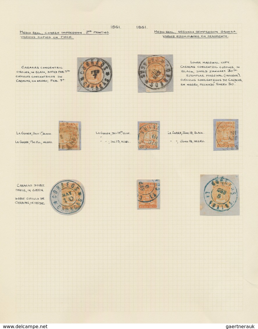 Venezuela: 1861, Collection Of 53 Examples Of 1/2 R., 2 Nd Printing On Pages. 13 Pieces Including On - Venezuela