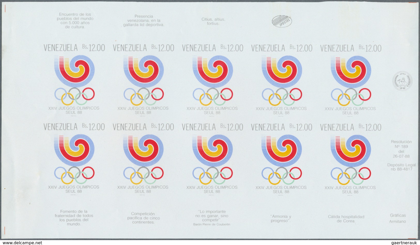 Venezuela: 1987/1988, Seven Imperforated Mini Sheets Without Gum. Included Thematics Are Christmar, - Venezuela