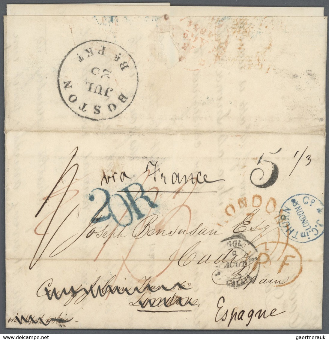Vereinigte Staaten Von Amerika - Stampless Covers: 1853/54, Very Fine Group Of 5 Entire Letters From - …-1845 Préphilatélie