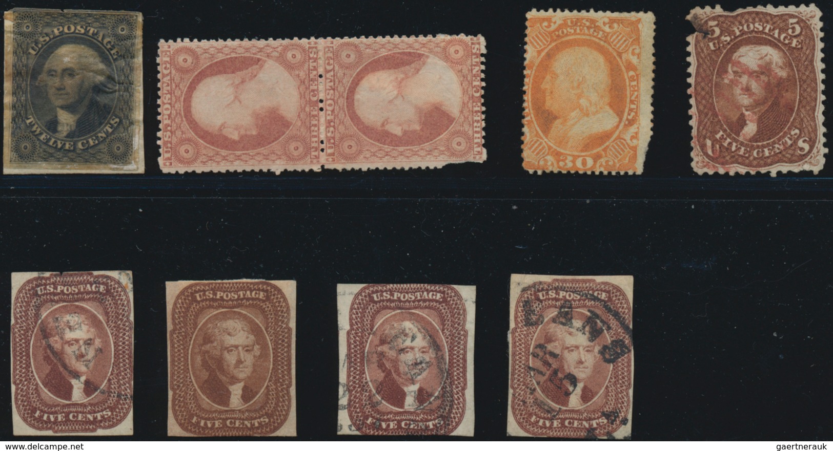 Vereinigte Staaten von Amerika: US 19th Century Group, Scott Nos. 10 (used), 11 (OG pair), 24 (OG st