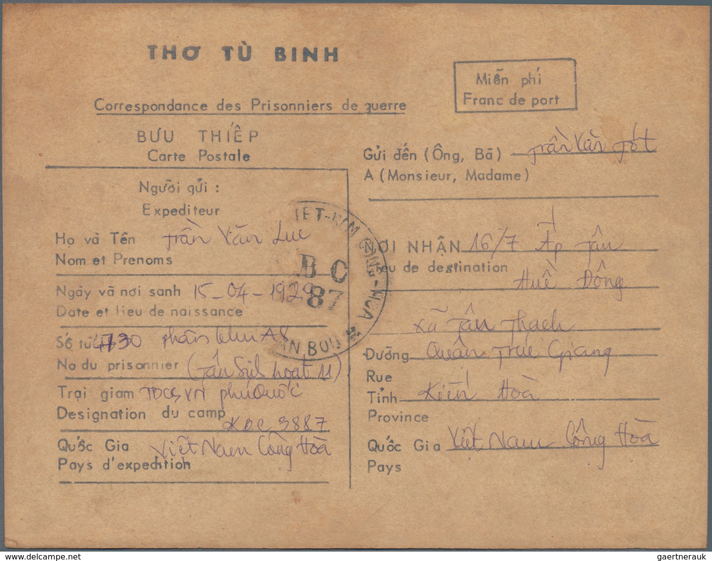 Vietnam: 1952/87 Ca. 20 Covers, Letters And Cards, Incl. Prisoner Of War Card From 1966, Two Interzo - Viêt-Nam