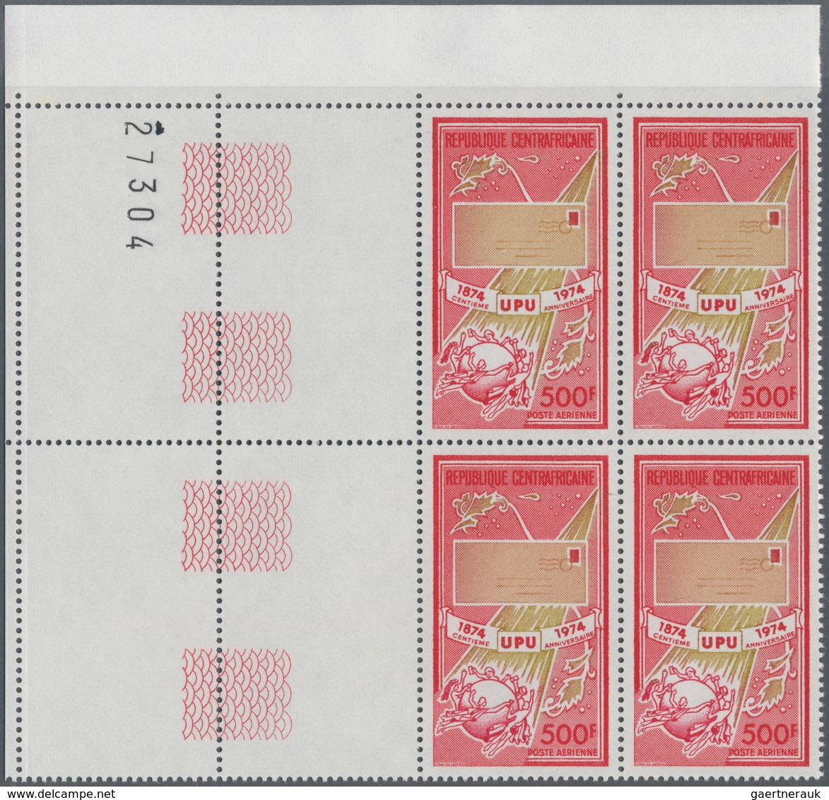 Zentralafrikanische Republik: 1974, 100 Years Of World Postal Union (UPU) 500fr. Showing Letter And - Zentralafrik. Republik