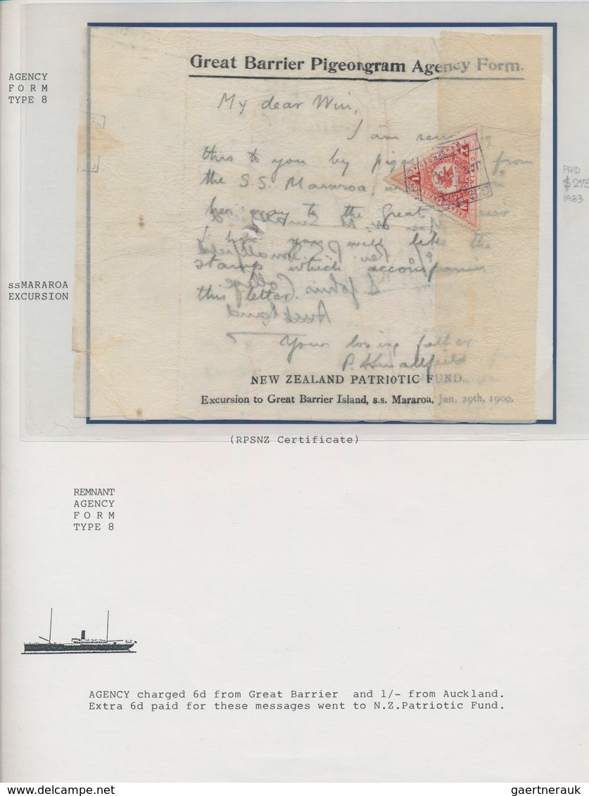 Brieftaubenpost: 1899/1904, NEW ZEALAND "THE GREAT BARRIER ISLAND PIGEON MAIL", Extraordinary And De - Columbiformes