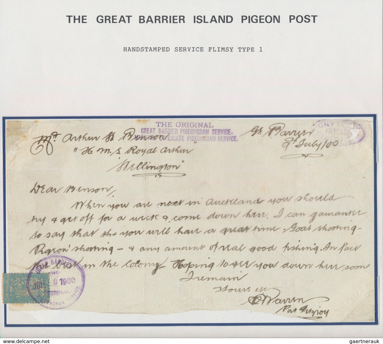 Brieftaubenpost: 1899/1904, NEW ZEALAND "THE GREAT BARRIER ISLAND PIGEON MAIL", extraordinary and de