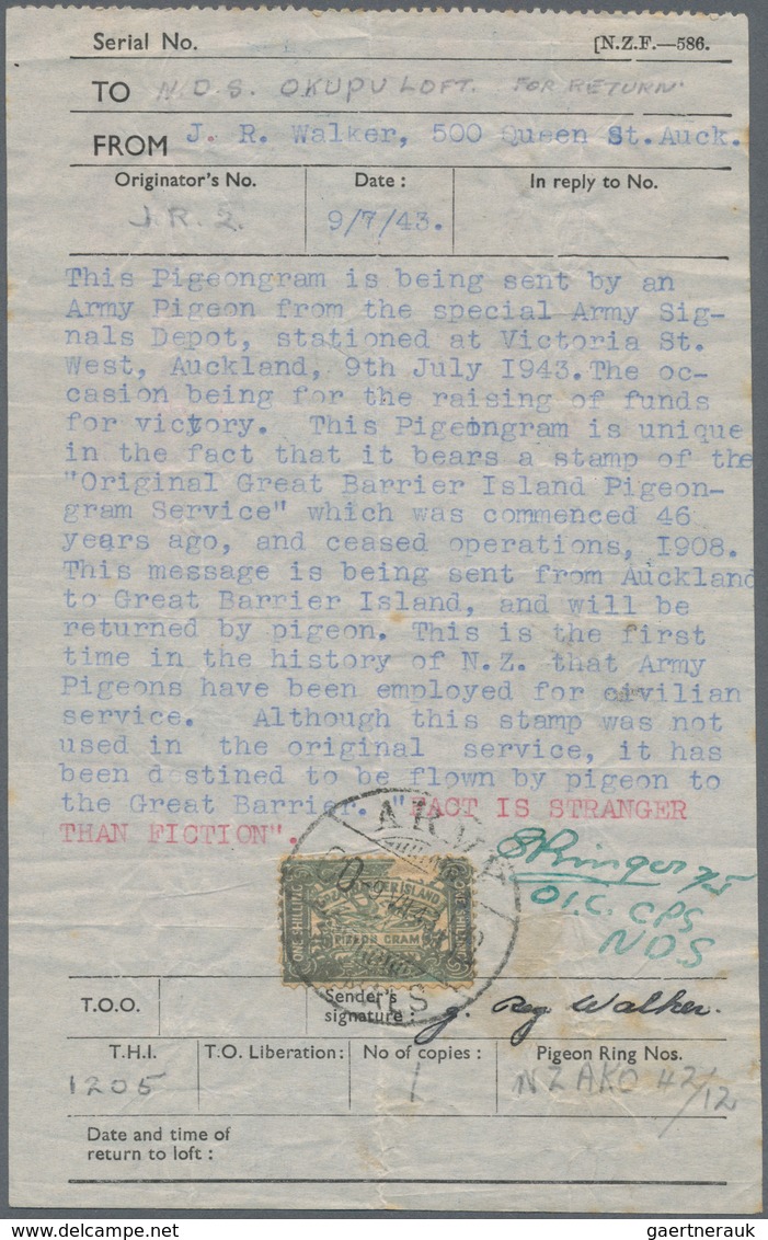 Brieftaubenpost: 1899/1904, NEW ZEALAND "THE GREAT BARRIER ISLAND PIGEON MAIL", extraordinary and de