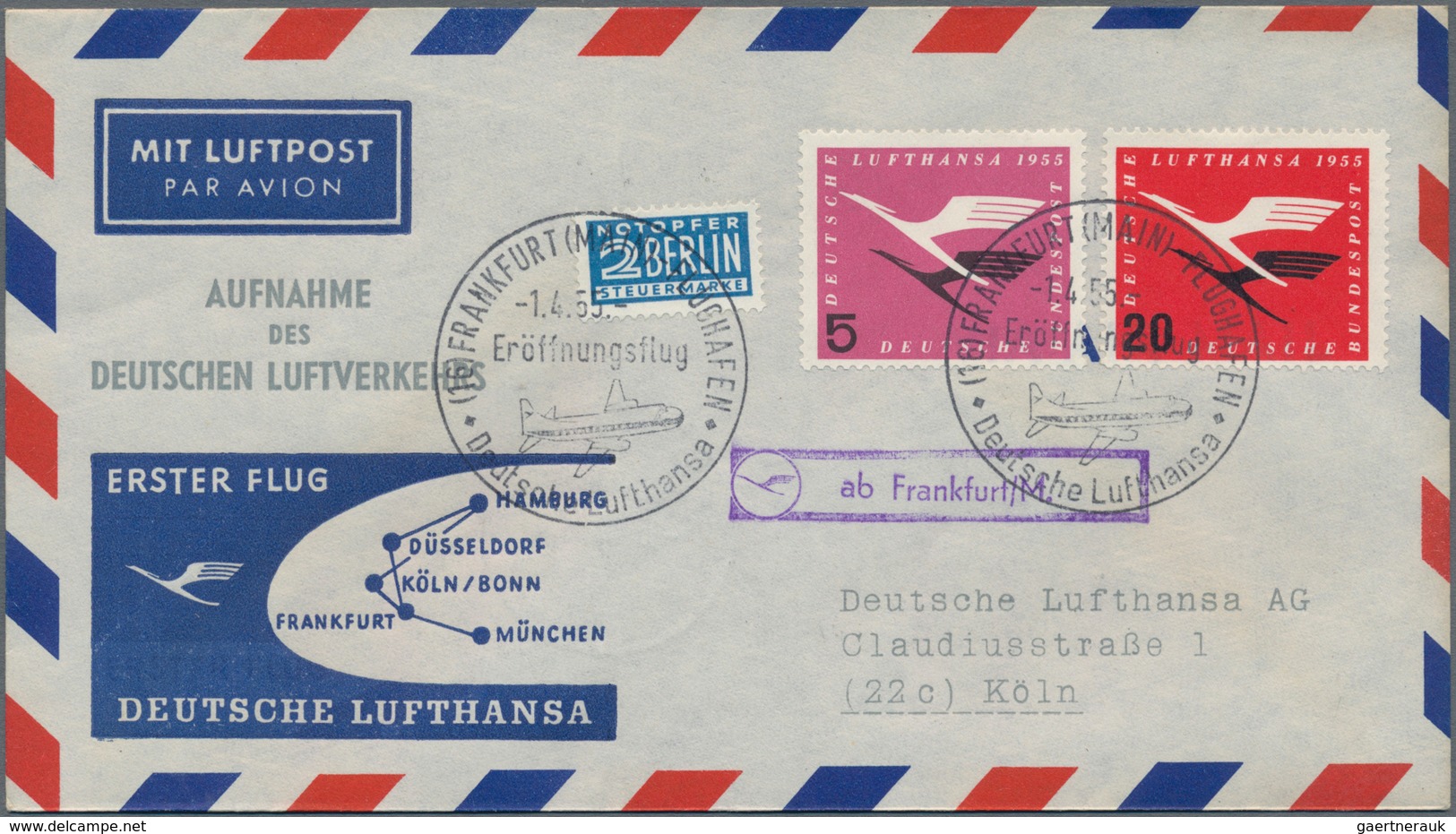 Flugpost Deutschland: 1955/1956, LUFTHANSA, Sammlung Mit Ca.80 Erstflugbelegen, Meist Frankiert Mit - Poste Aérienne & Zeppelin