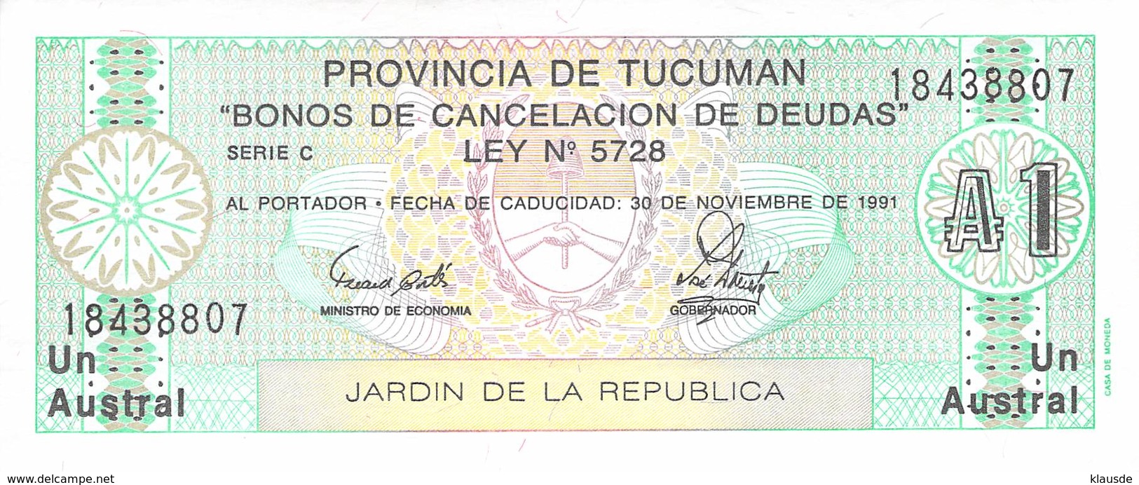 Un Austral Banknote (Scheck) Argentinien (Provincia De Tucuman) UNC 1987 - Argentinien