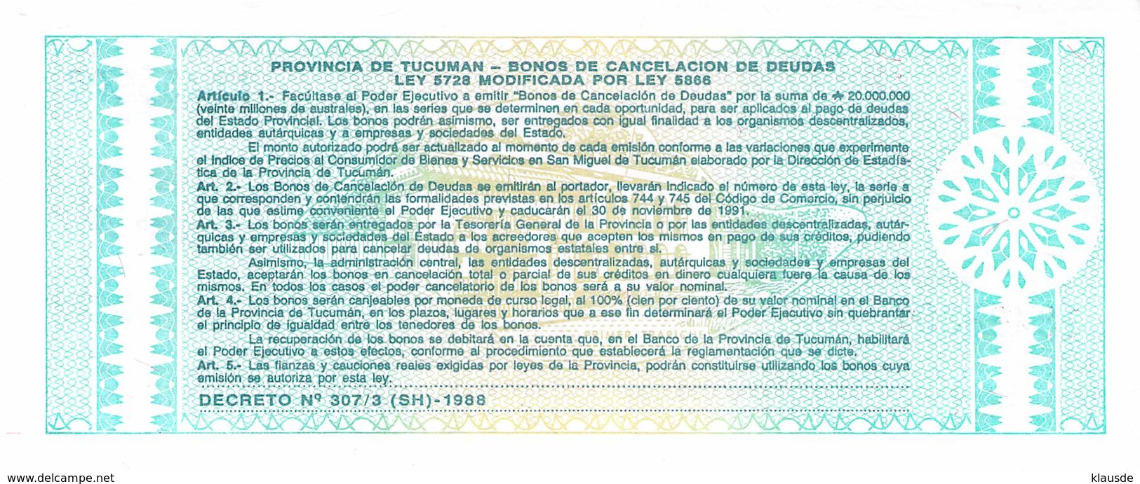 Un Austral Banknote (Scheck) Argentinien (Provincia De Tucuman) UNC 1987 - Argentinien