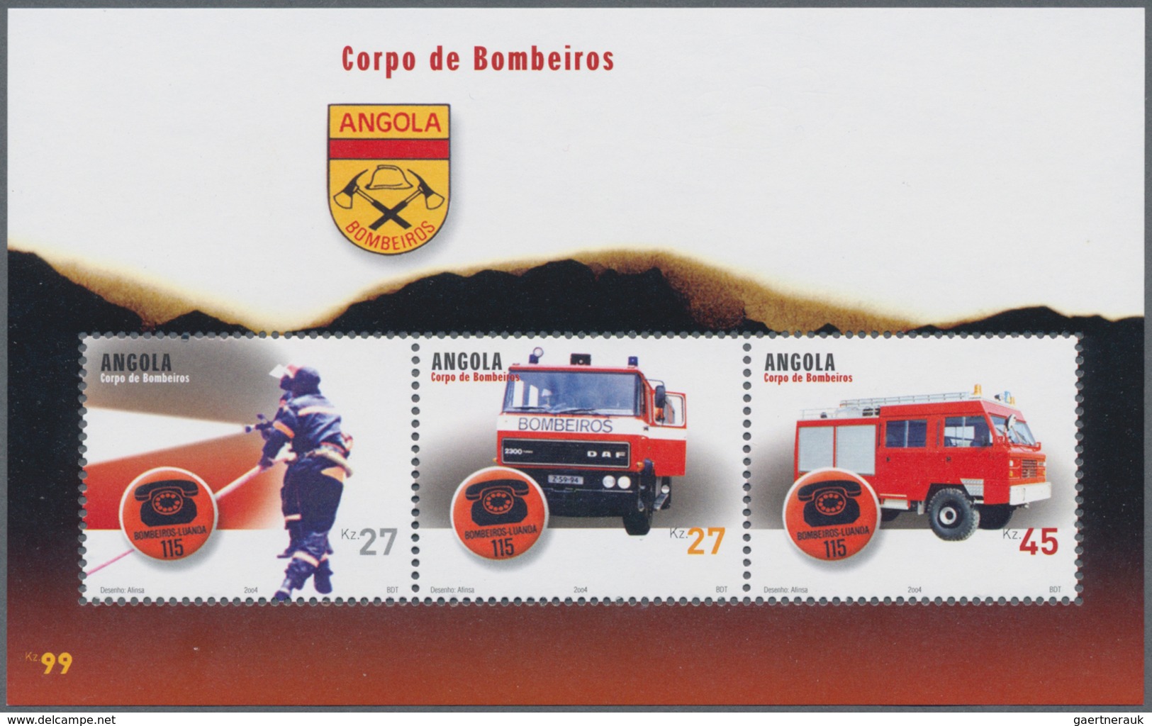 Thematik: Feuerwehr / Firebrigade: 2004, Angola: „FIRE BRIGADE“ Souvenir Sheet, Investment Lot Of 10 - Firemen