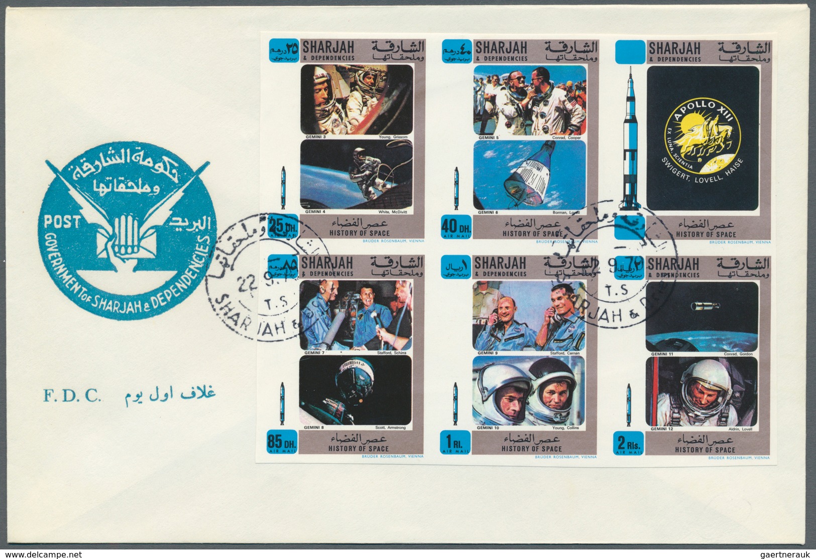 Thematik: Raumfahrt / astronautics: 1969/1971, Sharjah, assortment of 27 (mainly cacheted) envelopes