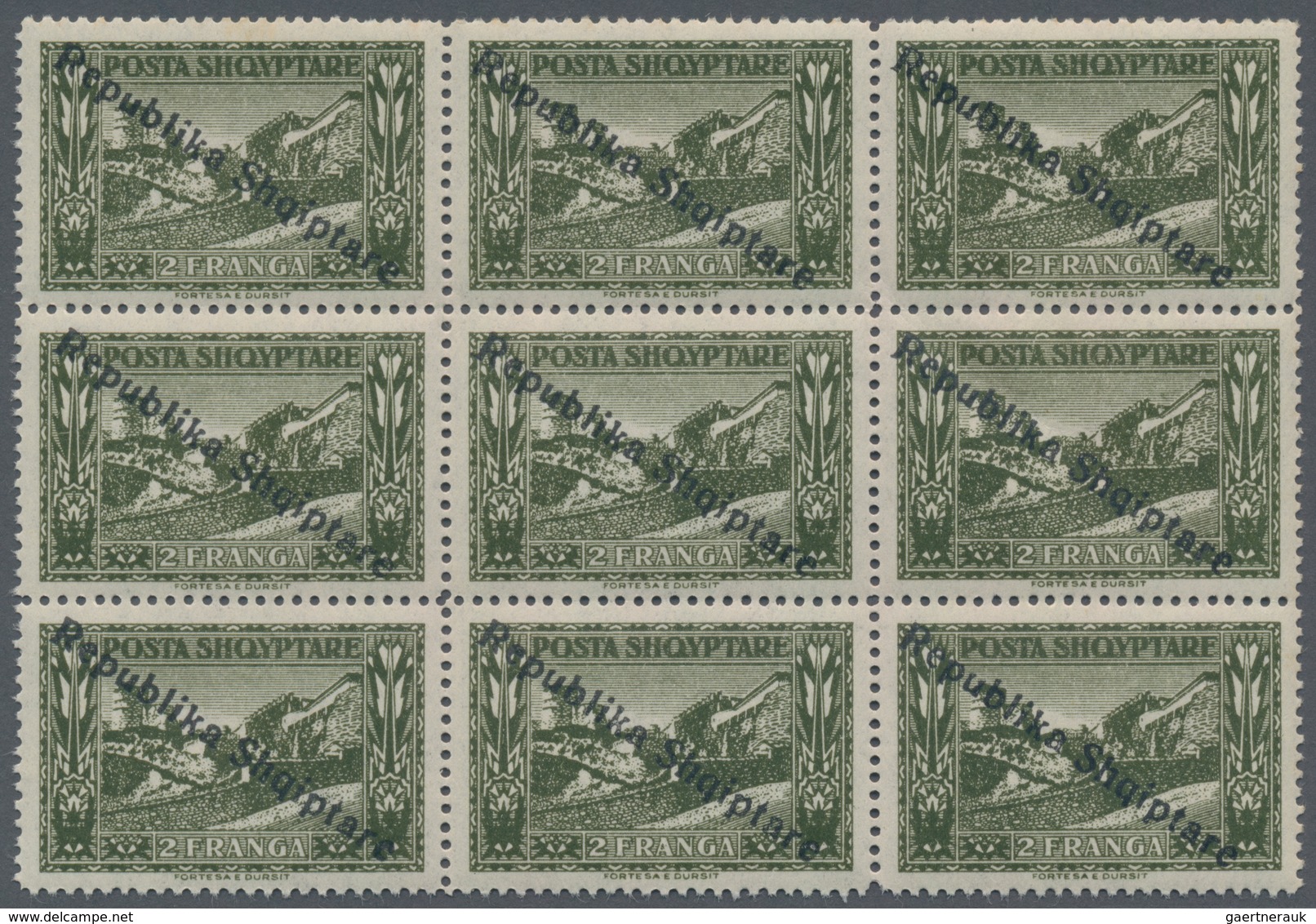 Albanien: 1922, Definitive Issue 2fr. Olive ‚Durres Fortress‘ With Diagonal Black Opt. ‚Republika Sh - Albanië