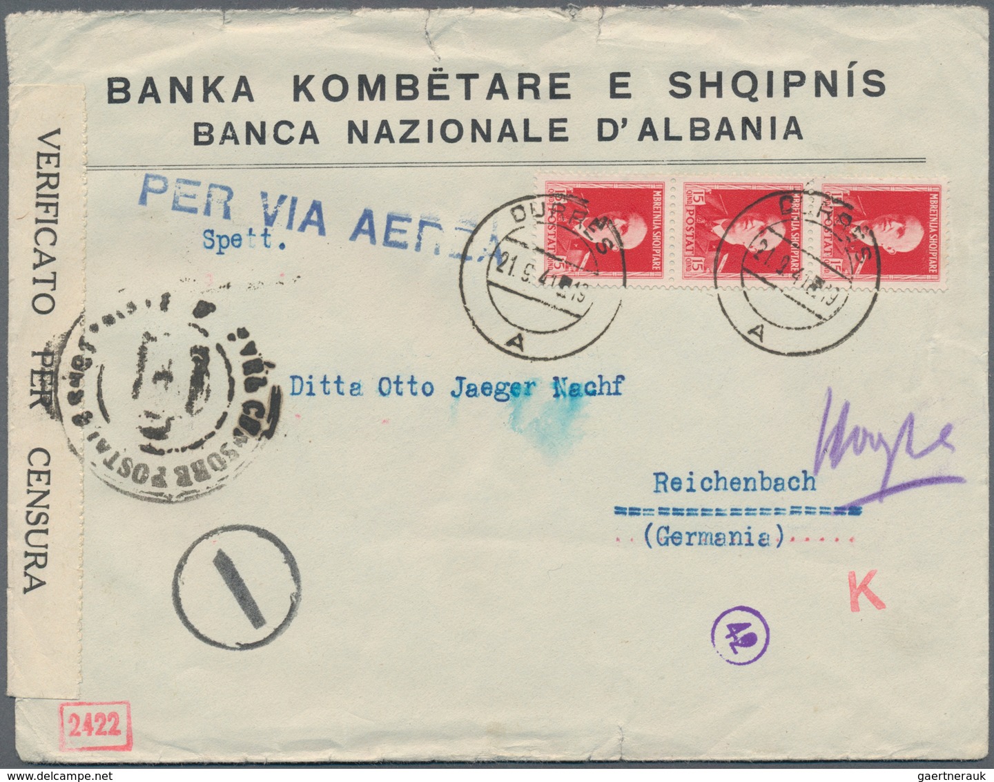 Albanien: 1939 - 1940, Four Censored Letters, Franked E.g. With 15 Q And 25 Q VEIII, Addressedto Ger - Albanie