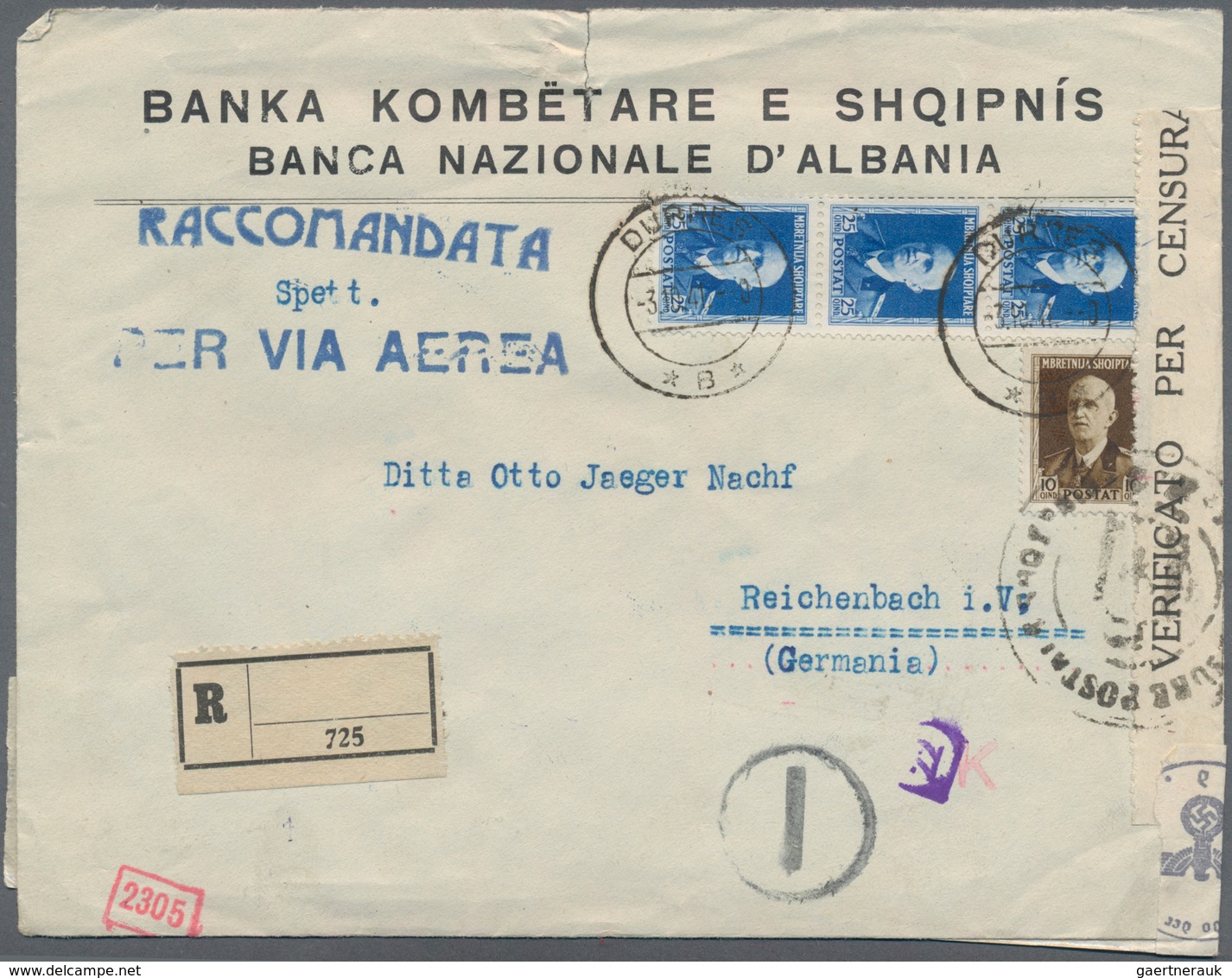 Albanien: 1939 - 1940, Four Censored Letters, Franked E.g. With 15 Q And 25 Q VEIII, Addressedto Ger - Albanie