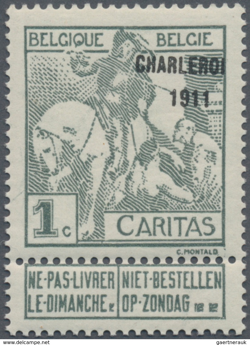 Belgien: 1911, Caritas 1c. (+1c.) Grey With Black Opt. ‚CHARLEROI 1911‘ In A Lot With 90 Single Stam - Verzamelingen