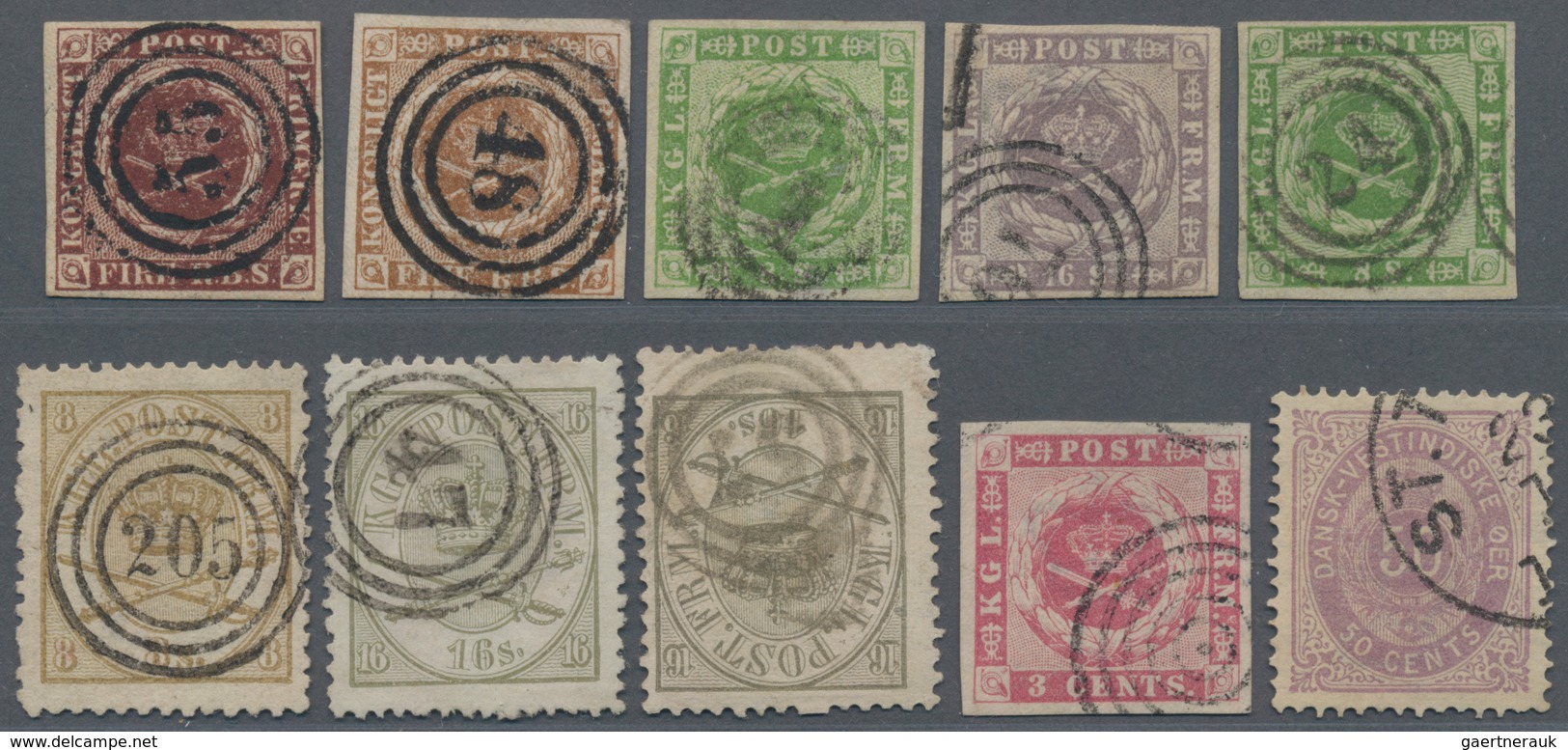 Dänemark: 1851-1880 Ca.: More Than 50 Used Stamps Of Early Issues Of Denmark And Danish West Indies, - Briefe U. Dokumente
