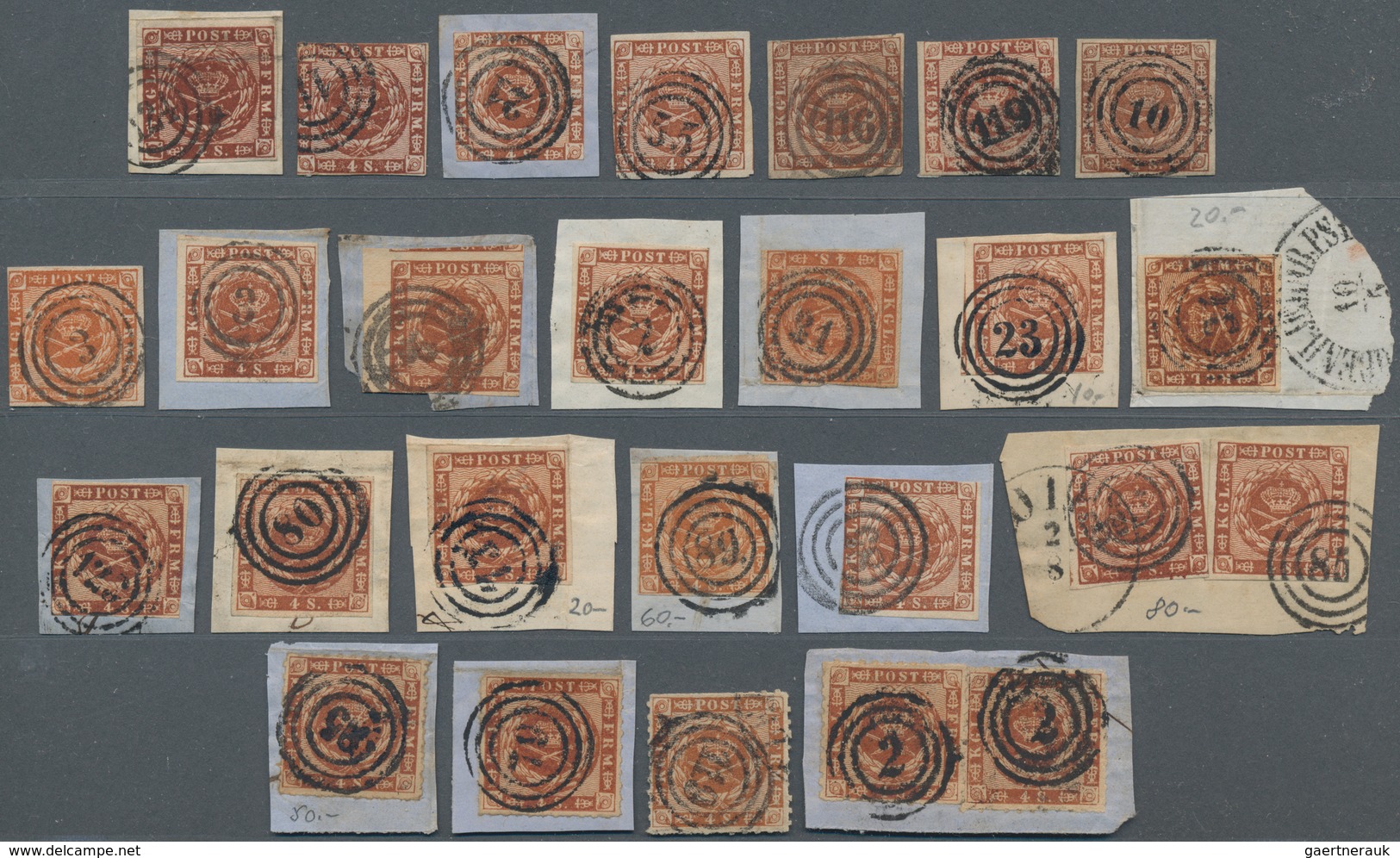 Dänemark: 1851-63, Collection Of 57 Used Stamps Cancelled By Various Numerals, With One 4 R.B.S., Al - Brieven En Documenten