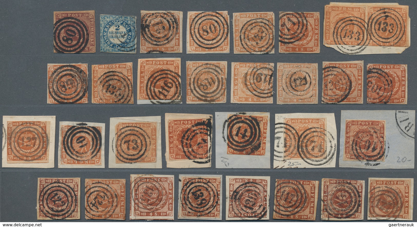 Dänemark: 1851-63, Collection Of 57 Used Stamps Cancelled By Various Numerals, With One 4 R.B.S., Al - Briefe U. Dokumente