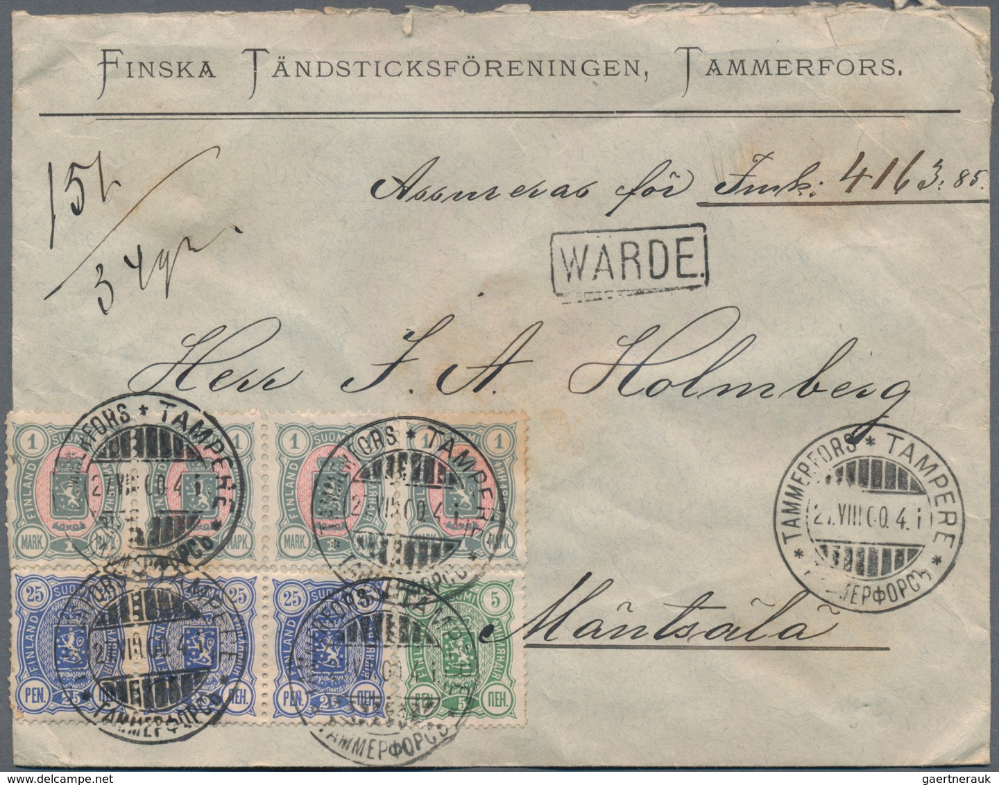 Finnland: 1900, Sechs Wertbriefe Aus Einer Korrespondenz Von Tammerfors Nach Mantsala, Unterschiedli - Usados